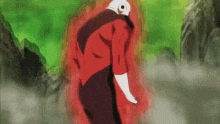 a cartoon character is standing in the middle of a forest with a red aura around him .
