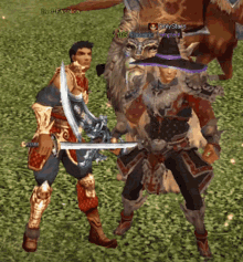a man with a sword is standing next to another man with a wizard hat on