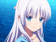 a girl with white hair and blue eyes has a serious look on her face