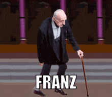 an elderly man walking with a cane and franz written on the bottom