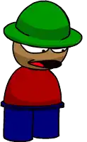 a cartoon character with a green hat and a red shirt