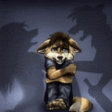 a furry animal is sitting with his arms crossed in front of a shadow of a wolf