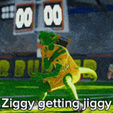 a green lizard wearing a yellow jersey with the words ziggy getting jiggy