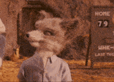 a fox is standing in front of a sign that reads home 79