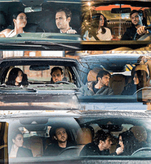 a group of people are sitting in a car and looking out the window