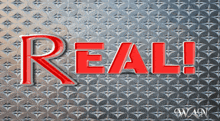 the word real is written in red on a gray background