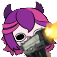 a cartoon character with horns is holding a gun in front of her face .