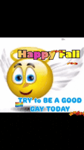 a smiley face with wings and the words happy fall