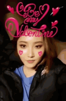 a girl with hearts on her face and the words be my valentine on her head