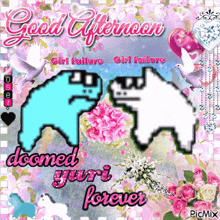 a good afternoon greeting card with two cartoon characters and flowers