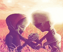 a painting of two aliens in a field holding hands