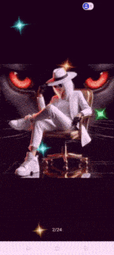 a man in a white suit is sitting in a chair in front of a black panther