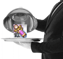 a man in a suit is holding a silver tray with a picture of a clock and a bottle that says 10