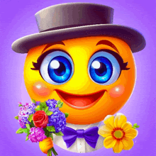 a smiley face wearing a top hat and a bow tie is holding a bouquet of flowers