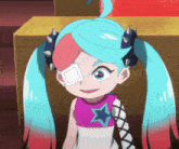 a cartoon girl with blue hair and a blue star on her shirt
