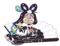 a cartoon character is sitting on a fan with a flower in her hair