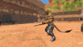a video game character is holding a sword in his hand