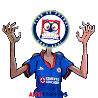 a cartoon of a person wearing a blue shirt that says cemento cruz azul on it
