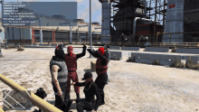 a group of people are giving each other a high five in a video game while someone says this emote is mainly sorry