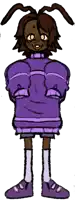 a drawing of a person wearing a purple sweater and purple shoes