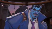 a man with blue skin and glasses is wearing a blue coat and tie .