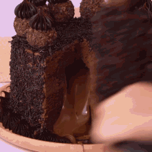 a chocolate cake with sprinkles and chocolate sauce on a wooden plate