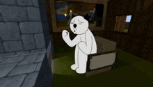 a cartoon character is sitting in a room with a picture on the wall behind him