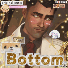 a picture of a man with the word bottom written in gold