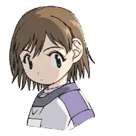 a drawing of a girl with short brown hair and a purple shirt