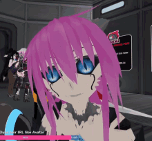 a screenshot of a video game shows a girl with purple hair and blue eyes