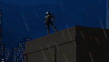 a cartoon of a man standing on top of a building with a lightning bolt in the background