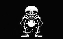 a pixel art drawing of sans from undertale standing in a black background .