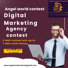 an angel world contest digital marketing agency contest poster with a man holding a laptop