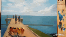 a painting of people walking on a pier with the words made in animatica below it