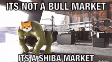 the hulk is wearing a shiba inu costume and is kneeling down in a building .