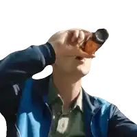 a man in a blue jacket is drinking from a bottle that says jack daniels on it