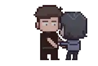 a pixel art of a man and a girl holding hands