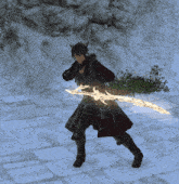 a man in a black coat is holding a sword that is glowing