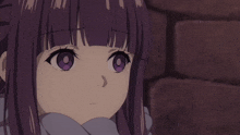 a girl with purple hair and purple eyes looks at the camera
