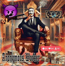 an album cover for anonymous worker shows a man in a suit and tie sitting on a throne surrounded by money