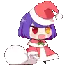a little girl wearing a santa hat and holding a bag .