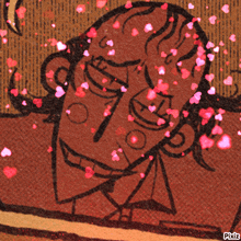 a drawing of a man surrounded by pink hearts with pixiz written on the bottom right