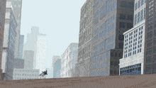a cartoon drawing of a city with lots of buildings and a person flying through the air