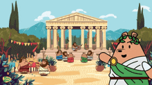 a cartoon of a bear wearing a laurel wreath standing in front of a building