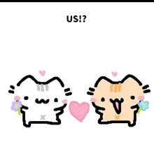 two cartoon cats are standing next to each other with hearts and flowers in their mouths .
