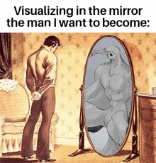 a drawing of a man looking at himself in a mirror