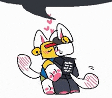 a cartoon drawing of a cat wearing a black shirt and a hat .