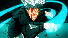 a cartoon of a man with glowing red eyes and a blue swirl around him