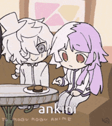 a couple of anime characters are sitting at a table and the word ankini is on the bottom right