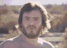 a man with long hair and a beard is standing in a field